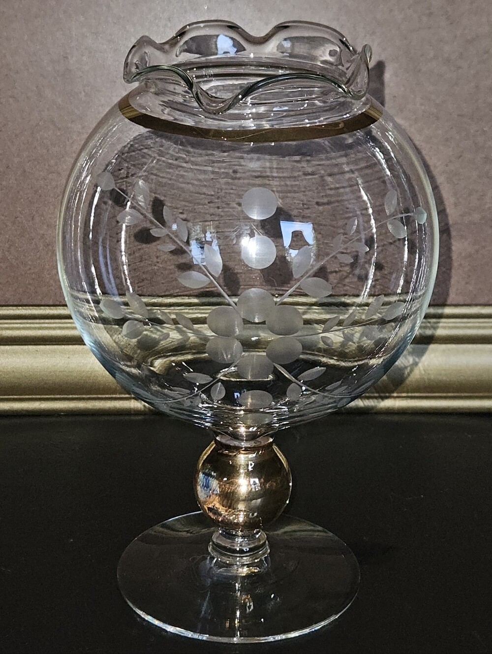 Vintage Glass Rose Bowl Pedestal Vase with Etched Berries and Gold Accents